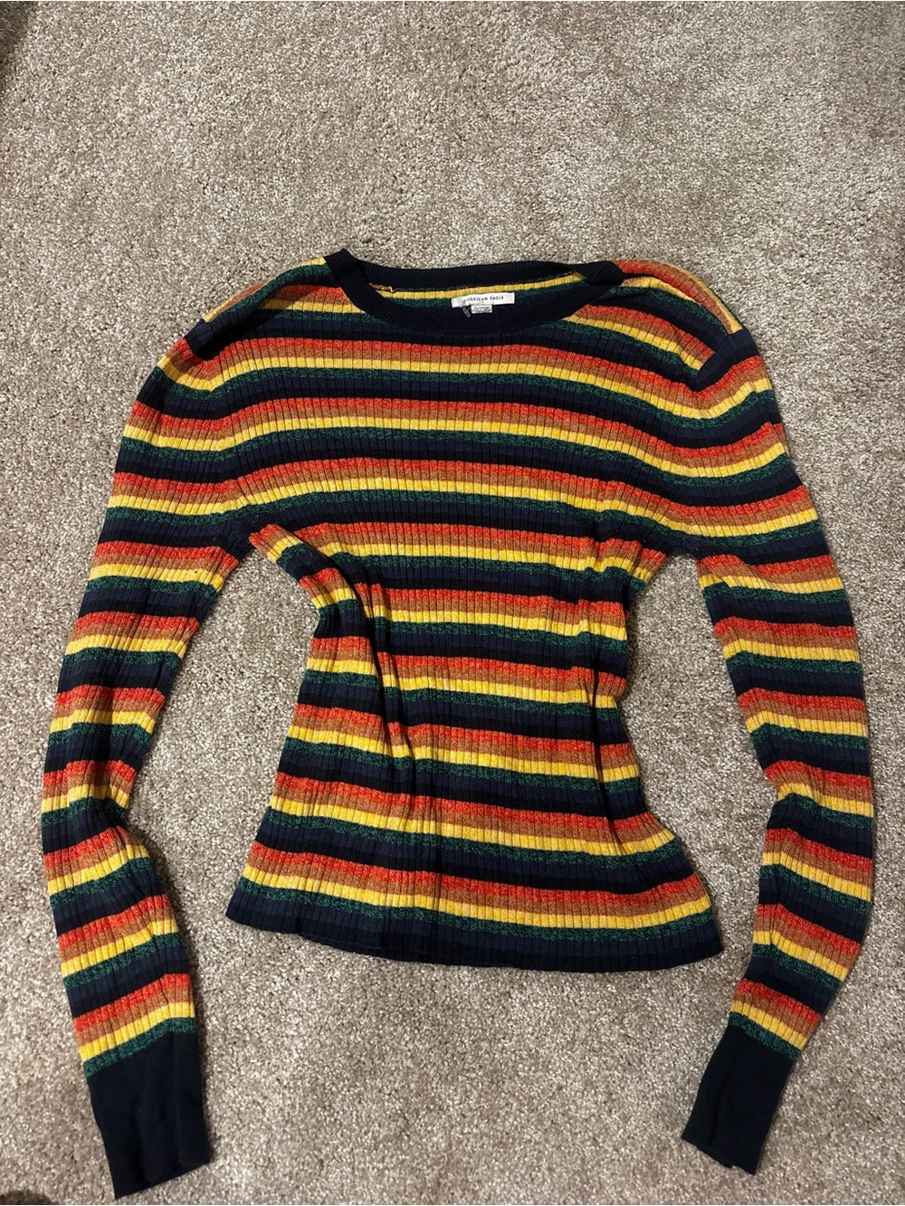American Eagle Outfitters Navy, Red, Yellow & Green Striped Ribbed Crew Sweater